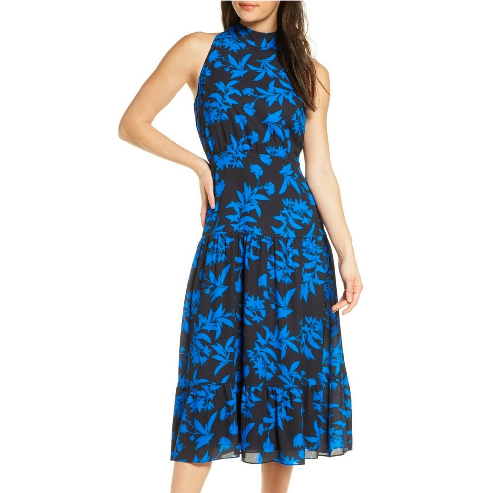 NWT Sam Edelman Floral Halter High Neck Maxi Dress Blue Black
